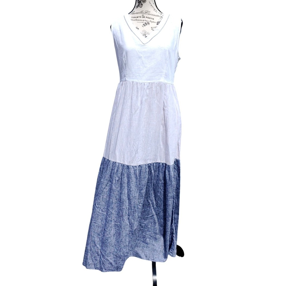 Joie White Gray Linen Blend Colorblock Crystal Trim V-Neck Maxi Dress Size M
